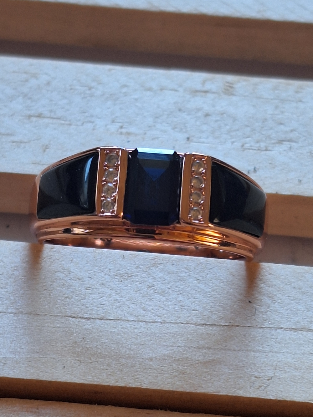 Rose Gold Plated Sterling  Ring with Deep Blue Center Stone and Black Onyx Inlay